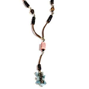 🌟 Gold-Tone Brown Cord  Colorful Beaded Necklace w/ Beads Cluster Pendant, Chic
